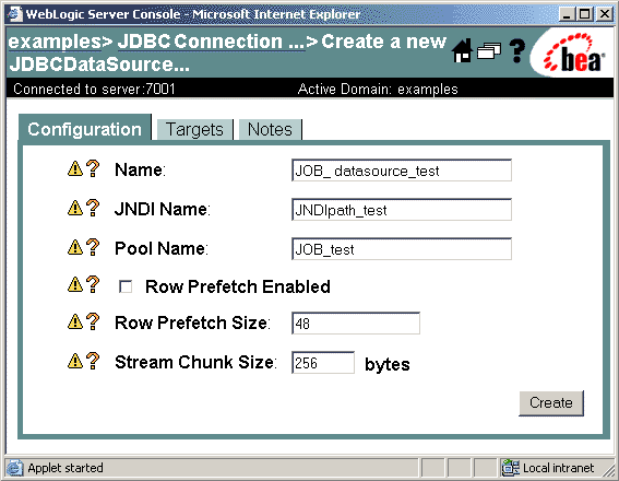 Example settings for a new JDBC Data Source in the WebLogic Server Console. The Name box value is JOB_datasource_test, the JNDI Name is JNDIpath_test, the Pool Name is JOB_test.