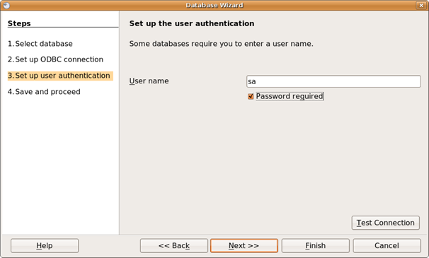 Enter your database user name and indicate whether a database password is required.