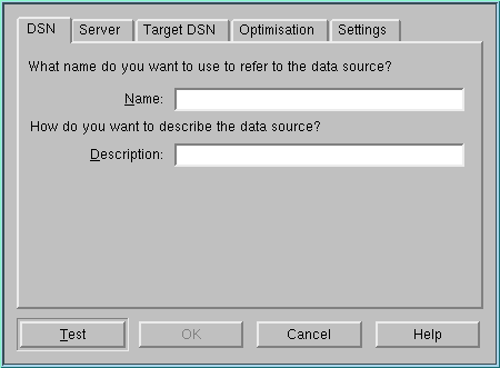 ODBC-ODBC Bridge configuration dialog box: DSN tab, Server tab, TargetDSN tab, Optimisation tab and Settings tab.