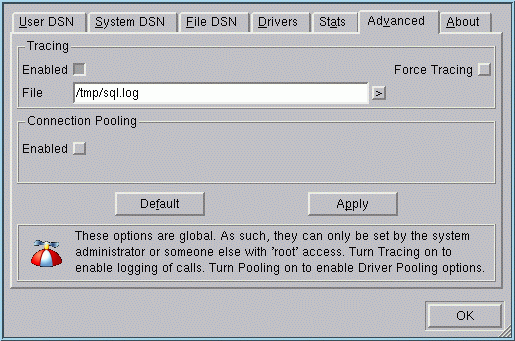 ODBC Administrator Advanced tab. Log file path entered in the space provided.