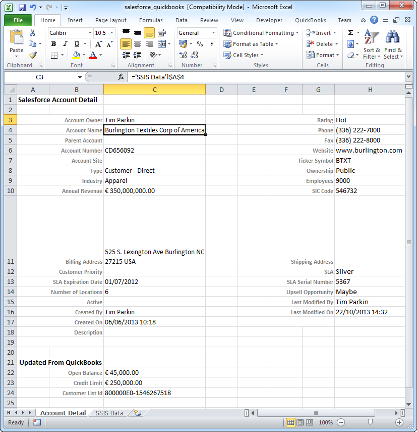 Excel spreadsheet containing Salesforce and QuickBooks data.